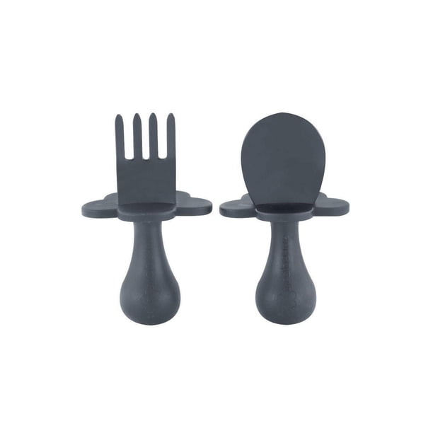 Grabease Juego de 2 Cubiertos Cuchara y Tenedor de Alimentación , 7+ Meses, Ergonómicas, Libre de BPA, Gris