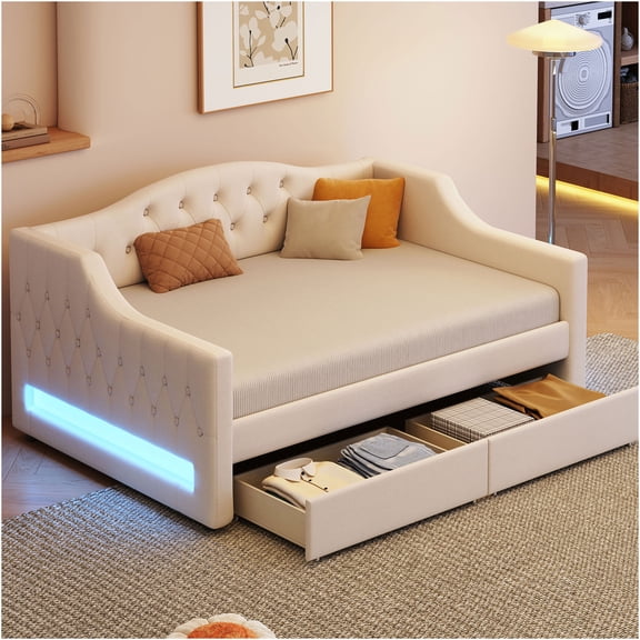 JERFIT Upholstered Twin XL Size Daybed with LED Belt and 2 Drawers Beige