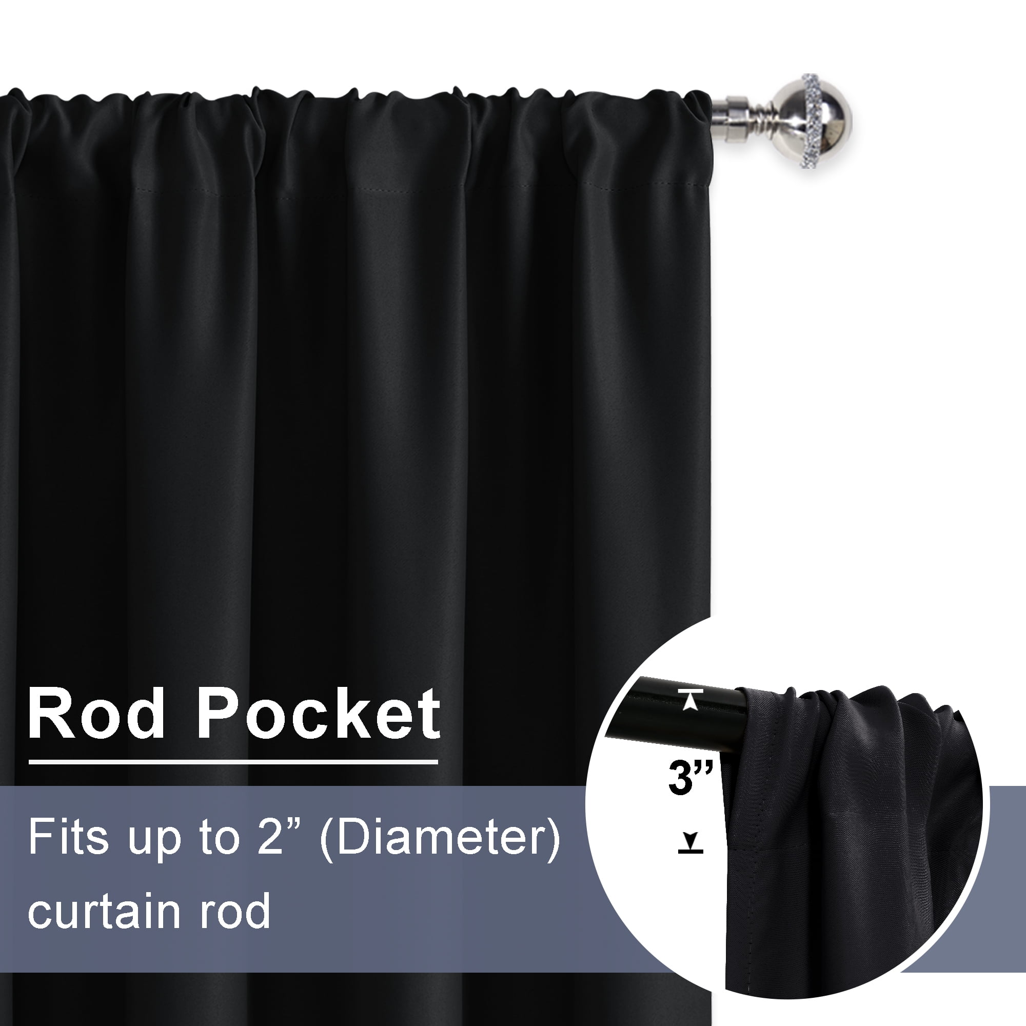 JIUZHEN Blackout Curtains for Bedroom - Thermal Insulated Room Darkening Noise Reducing, 42 x 72Inch Length Curtains for Living Room, Set of 2 Panels with Tiebacks, Black