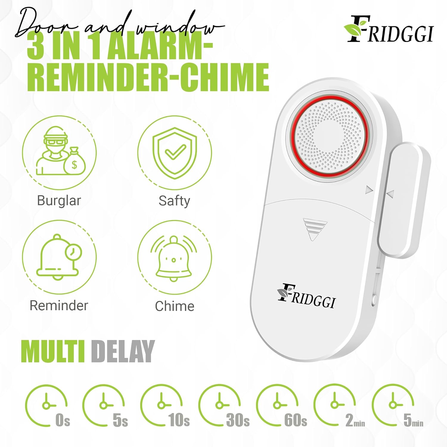 3-in-1 Alarm - Door Left Open Chime with Delay, 0/5/10/30/60 Seconds, 2/5 Minutes, Door Ajar Alarm, Close Gate Reminder, 80 to 120 dB, Time Delay Alert for Freezer, Gate, Shop. (Black)