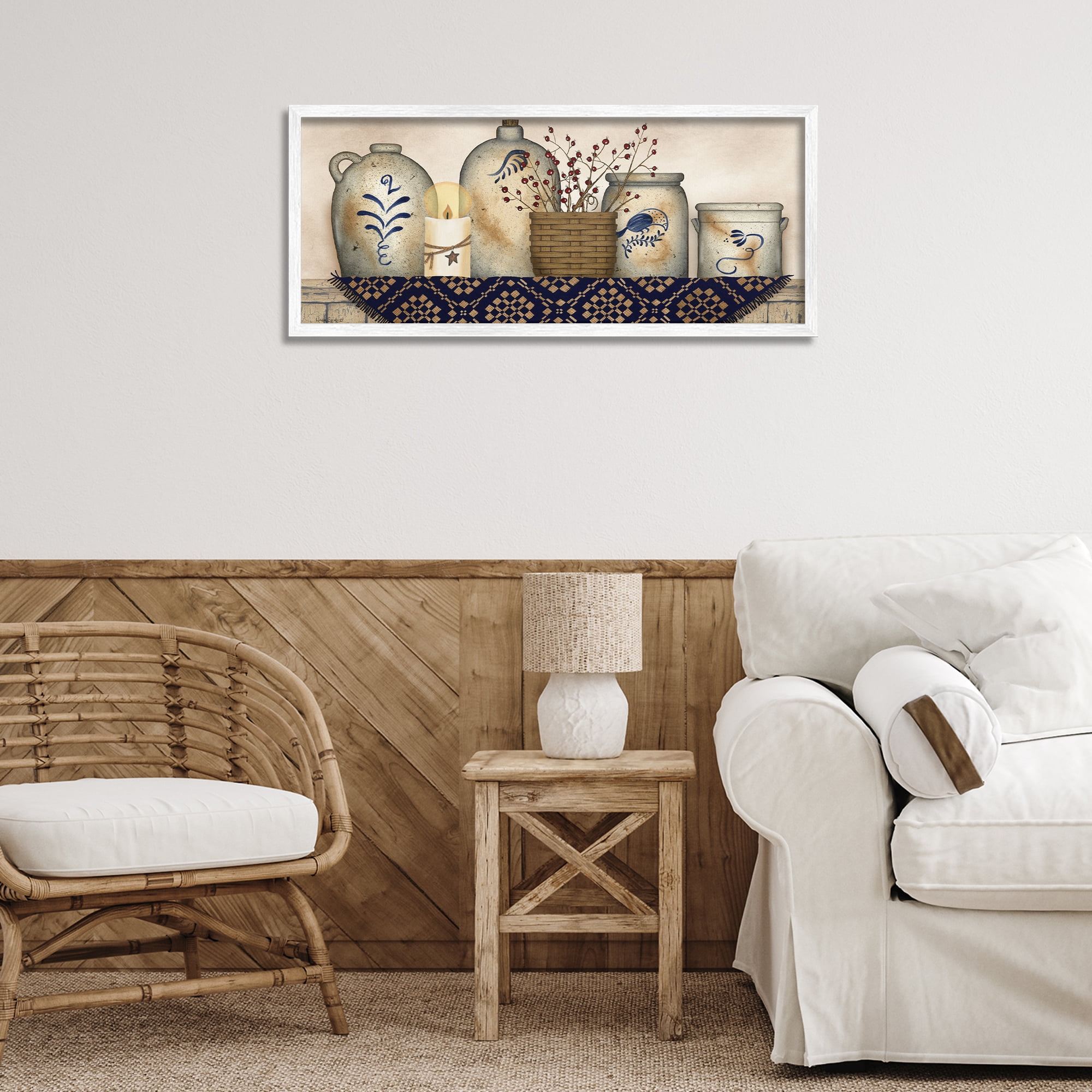 Stupell Industries Rustic Kitchen Jars Botanical & Floral Painting White Framed Art Print Wall Art, 30 x 13