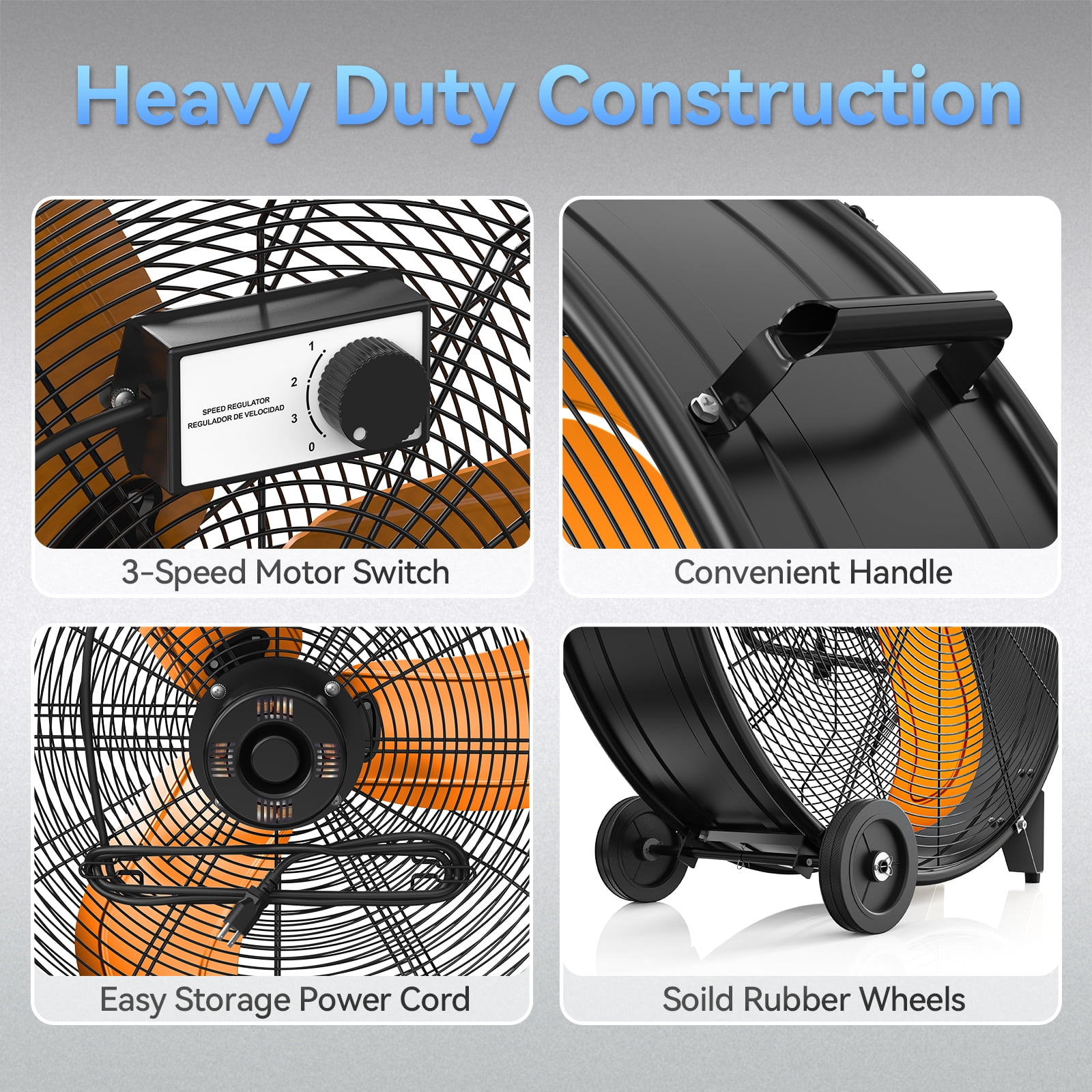 30" Industrial Drum Fans, 3-Speed Professional Outdoor Fan, With Metal Wheels, 14000 CFM, for Commercial, Factory and Garage, UL Listed