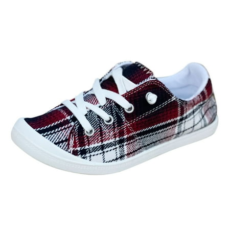 

XINSHIDE Shoes Plaid Print Loafers For Women Ladies Shoes Canvas Flat Shoes Soft Vulcanize Leisure Shoes
