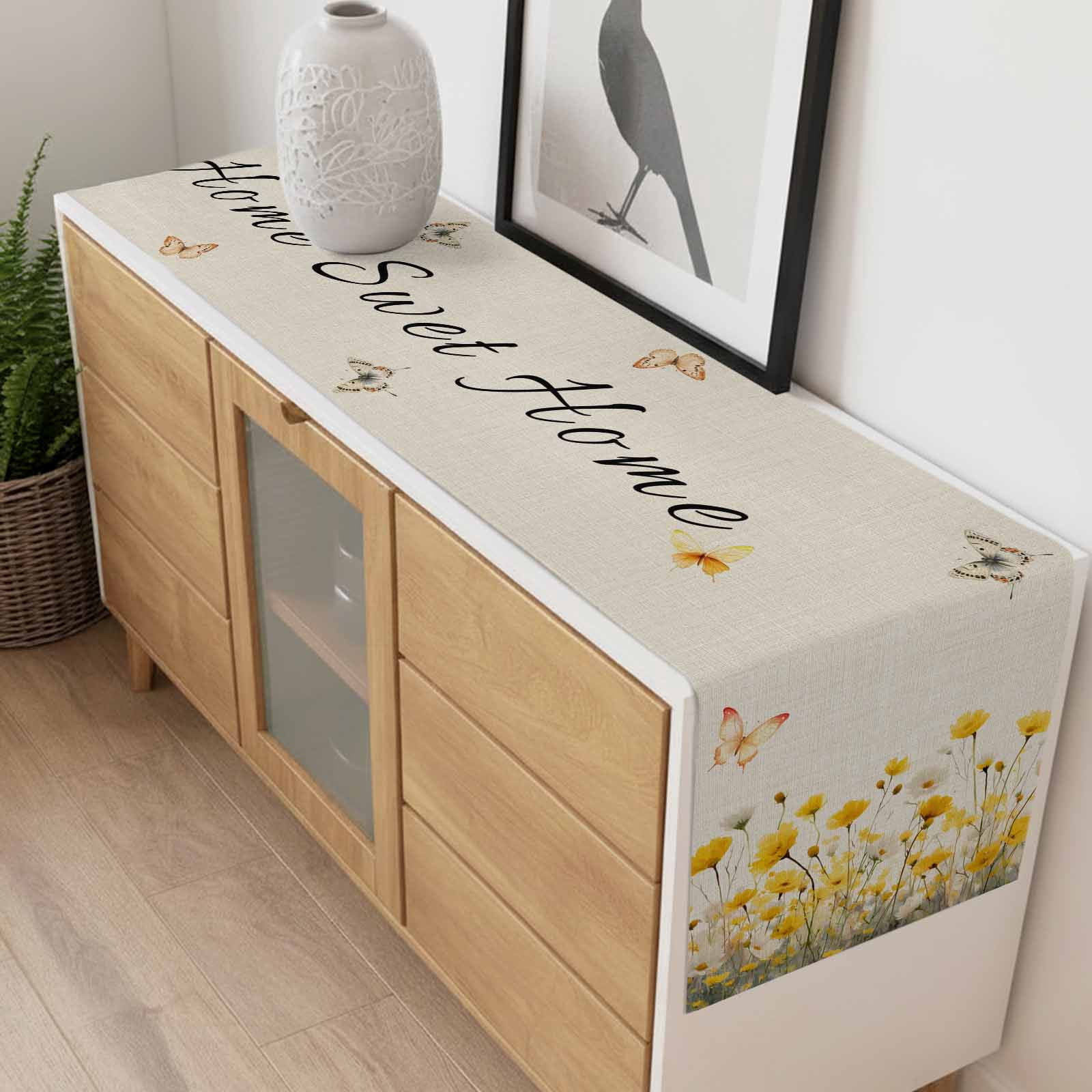 Home Sweet Home Cotton Linen Table Runner Watercolor Spring White Yellow Floral Butterfly Linen Texture Dining Table Runners for Home Decor Party Dining Room Restaurant Kitchen 13" x 108"