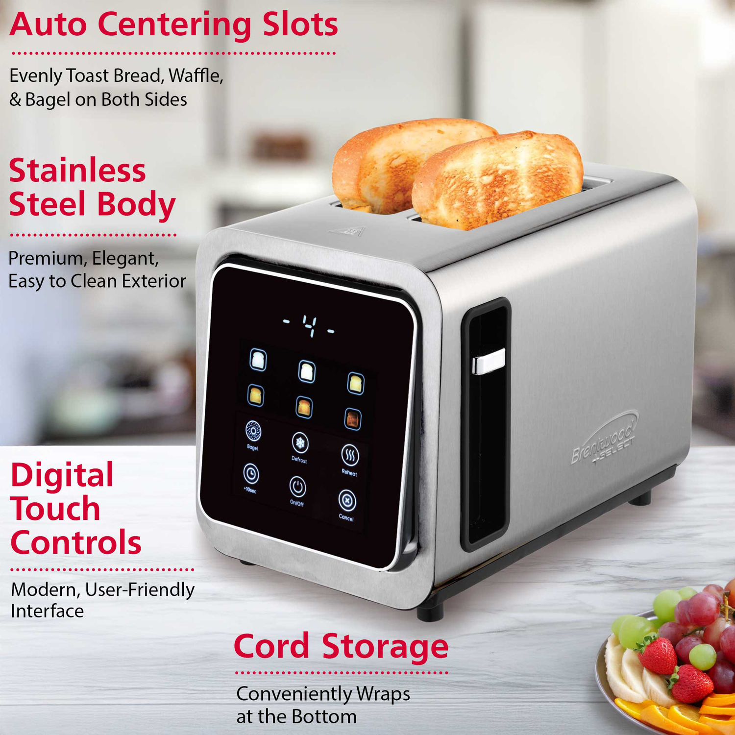 Brentwood 2-Slice 1,100-Watt Touch-Screen Digital Toaster with Extra-Wide Slots, Stainless Steel, TS-228DS
