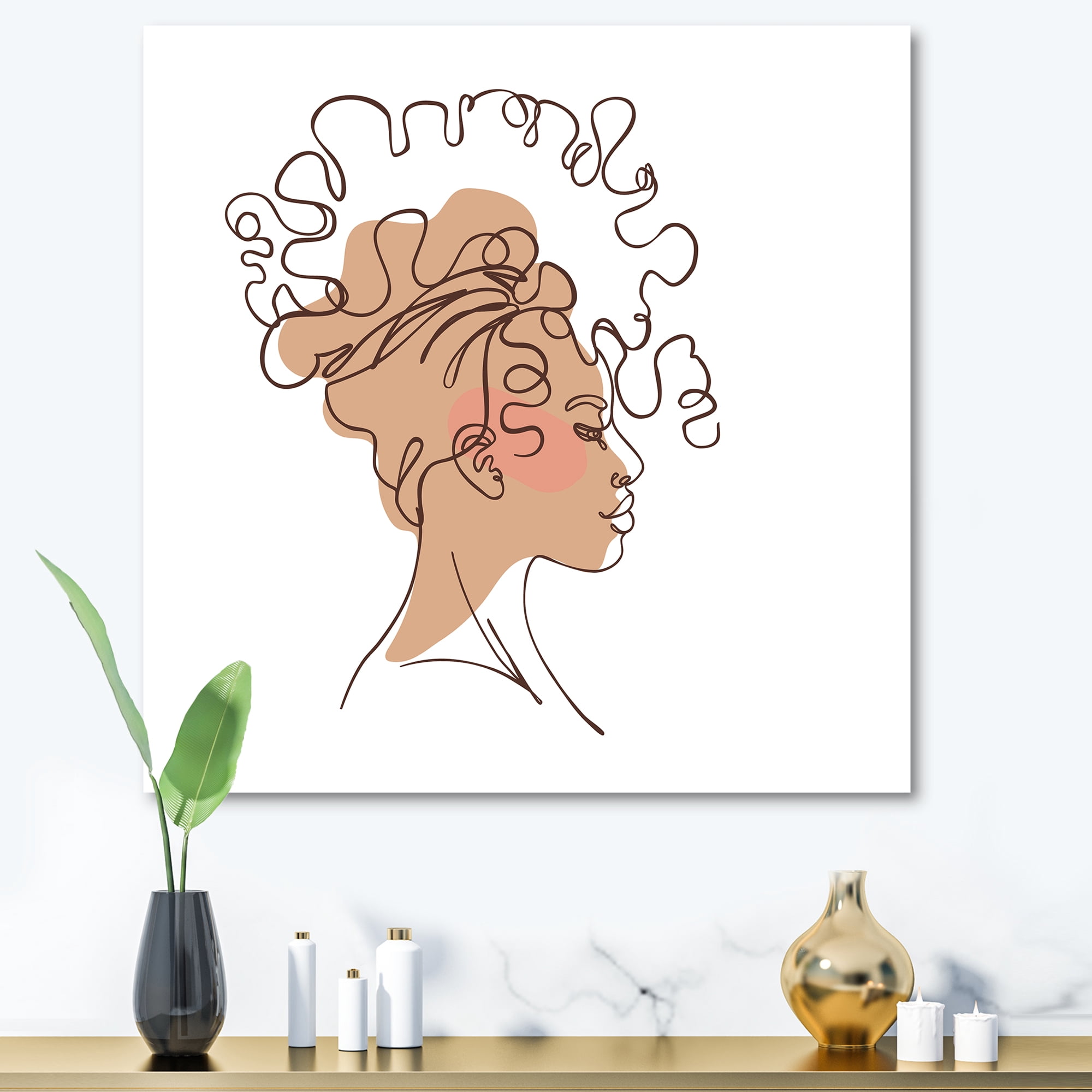 Designart ' One Line Portrait of Afro American Woman I ' Modern Canvas Wall Art Print
