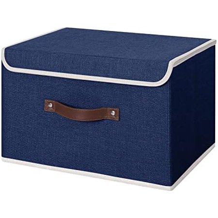 Storage Bin with Lid Storage Boxes with PU Leather Handles PP Plastic Board Decorative Foldable Lidded Cotton Linen Fabric Home Cubes Baskets Closet Organizer Container - Blue Large Size