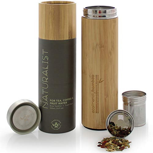 Large Capacity 17 oz / 500 ml Teabloom All-Beverage Travel Tumbler Fruit-Infused Water The Naturalist Cold-Brew Coffee Hot and Cold Tea Infuser Insulated Thermos Mug Eco-Friendly Bamboo 