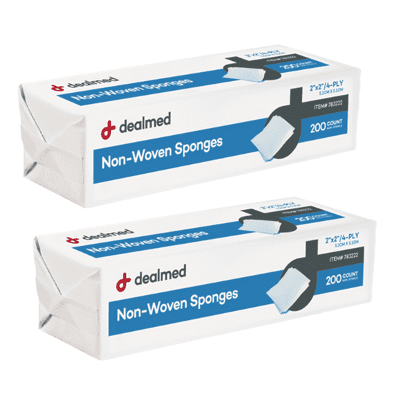 Dealmed Non-Woven Gauze Sponges 2" x 2" (400 ct.) All-Purpose 4-Ply Non-Sterile Absorbent Dental Gauze Wound Care, 200 Count (Pack of 2)