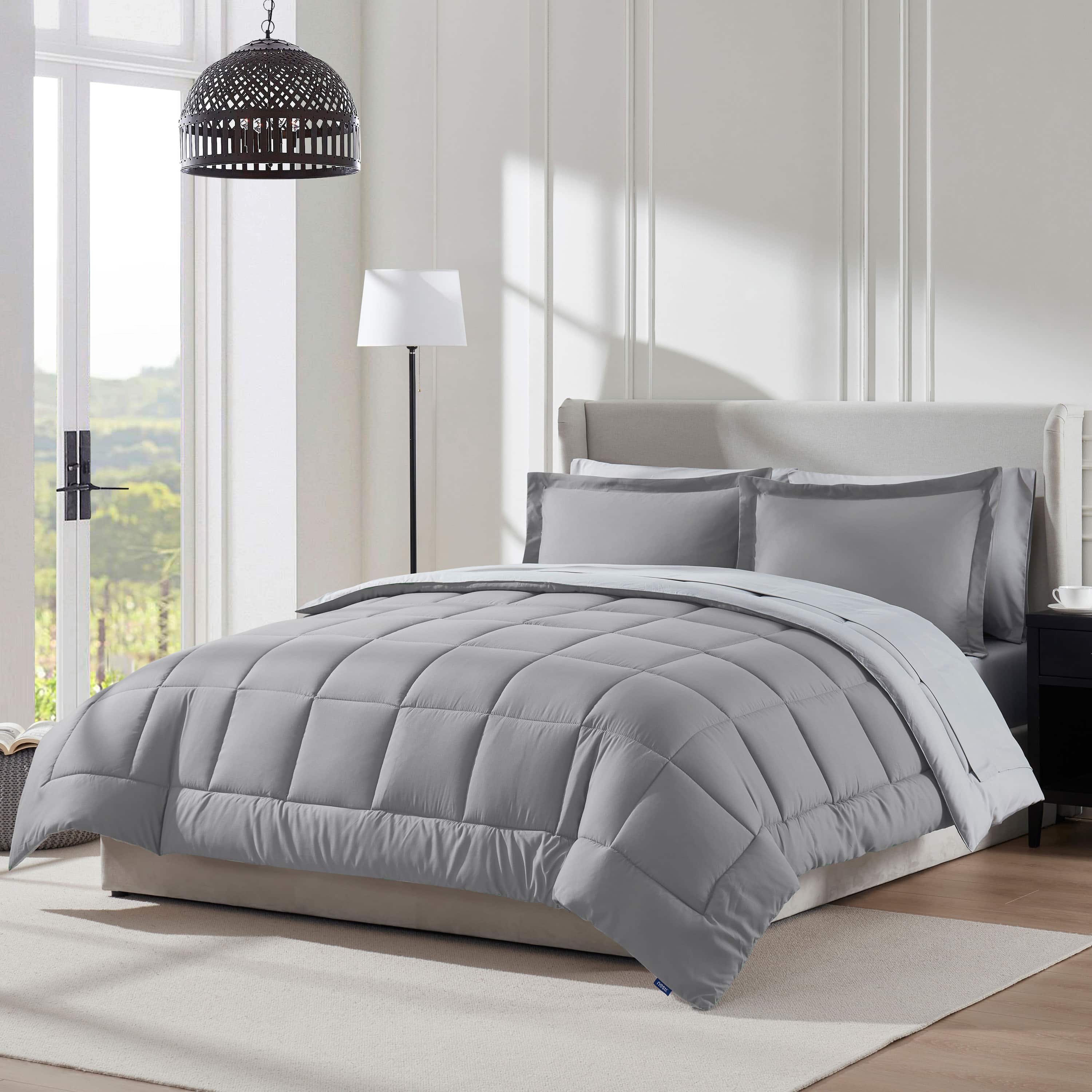 Virtu Queen Comforter Set, 7 Piece Bed in a Bag, Bedding Comforter Set with Sheets, Reversible Bedding Sets, Gray