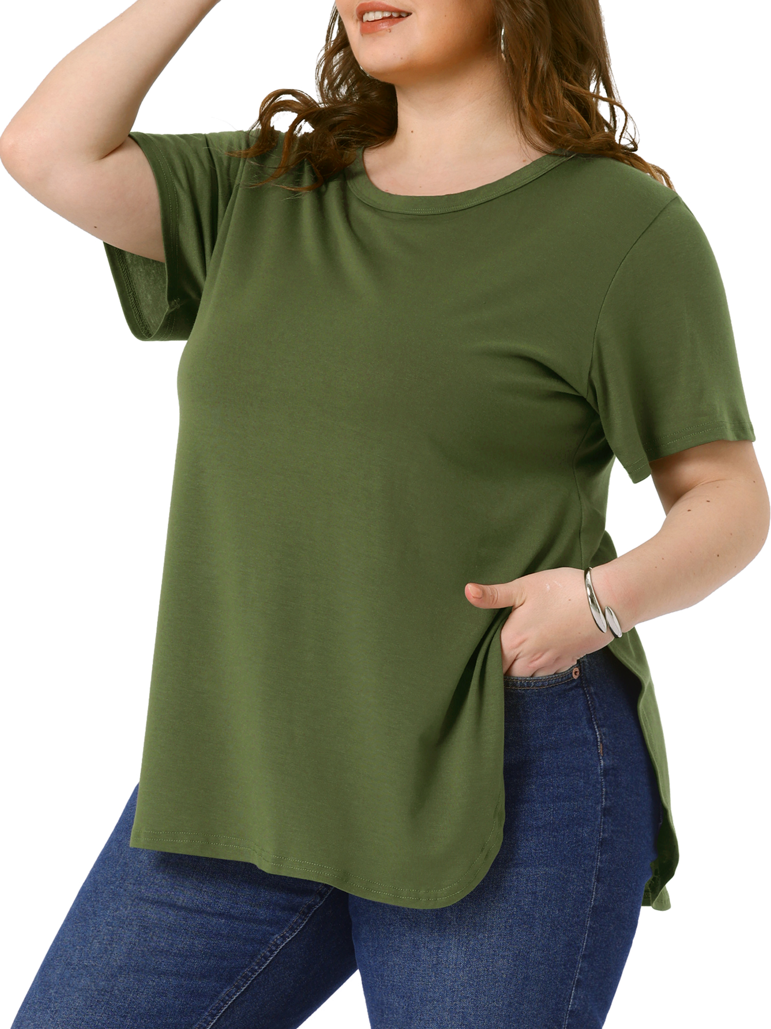 DARING DIVA Women's Plus Top Round Neck Side Split Hem T-Shirts 4X Army Green