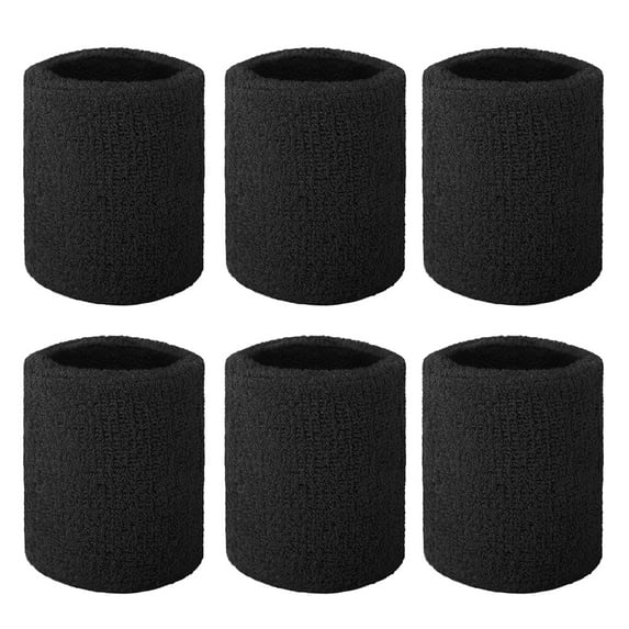 GOGO 6-Piece Wrist Sweatbands Athletic Cotton Terry Cloth Wristband 3 Sizes-Black-4 inch