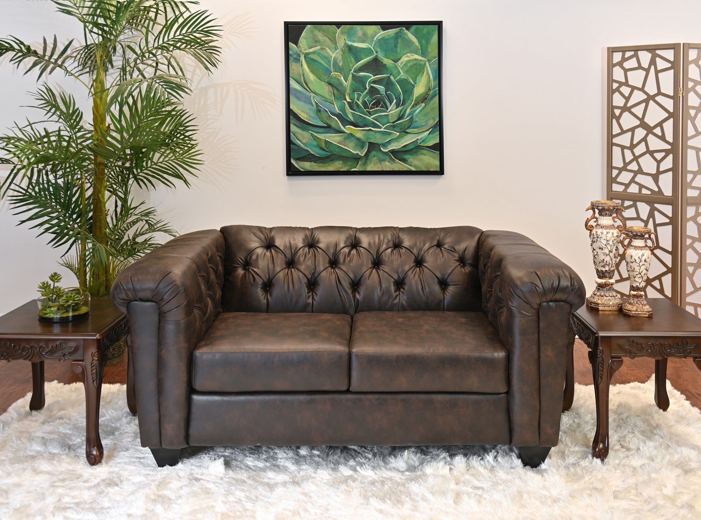 Roundhill Horton Faux Leather Chesterfield 3-Piece Living Room Set, Sofa Loveseat and Chair, Ridgeline Brownie