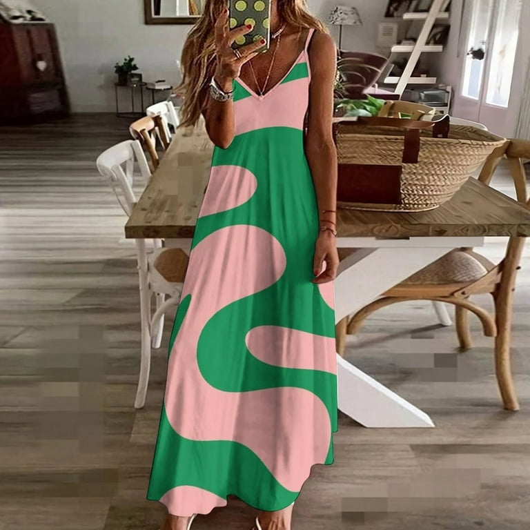 Swirly Pink and Green Retro Modern Abstract Sleeveless Dress dresses for women womens dress womens clothing Walmart