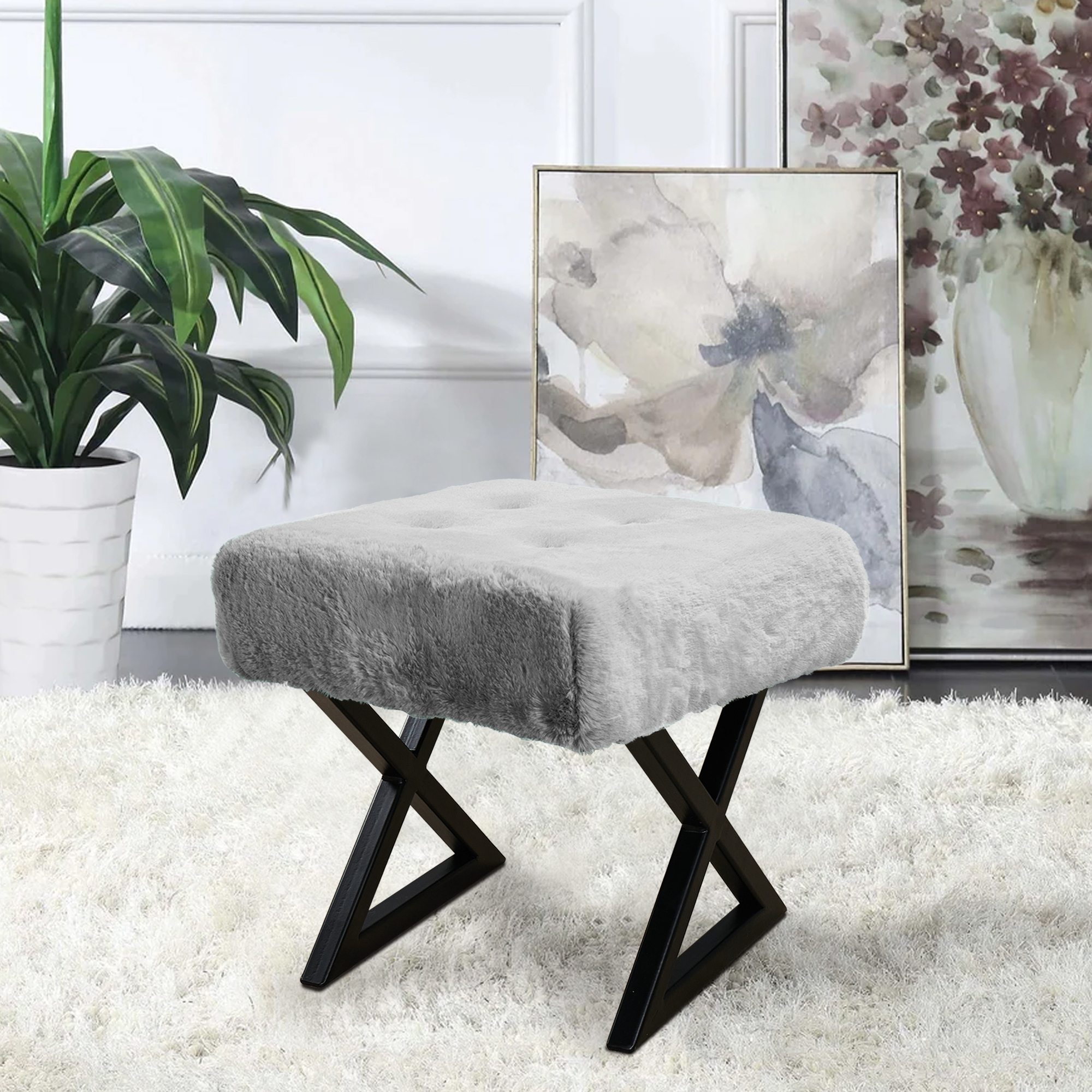 Home Soft Things Silver 19x19x19" Heavy Faux Fur Vanity Stool Ottoman