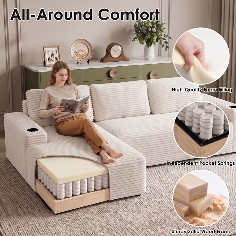 Anpport 104" Boneless Cloud Modular Sectional Couch, Corduroy Sofa with Cup Holders, Side Pockets, Deep Seat, No Assembly Required for Living Room, White (L‑Shaped, Left Facing Chaise)