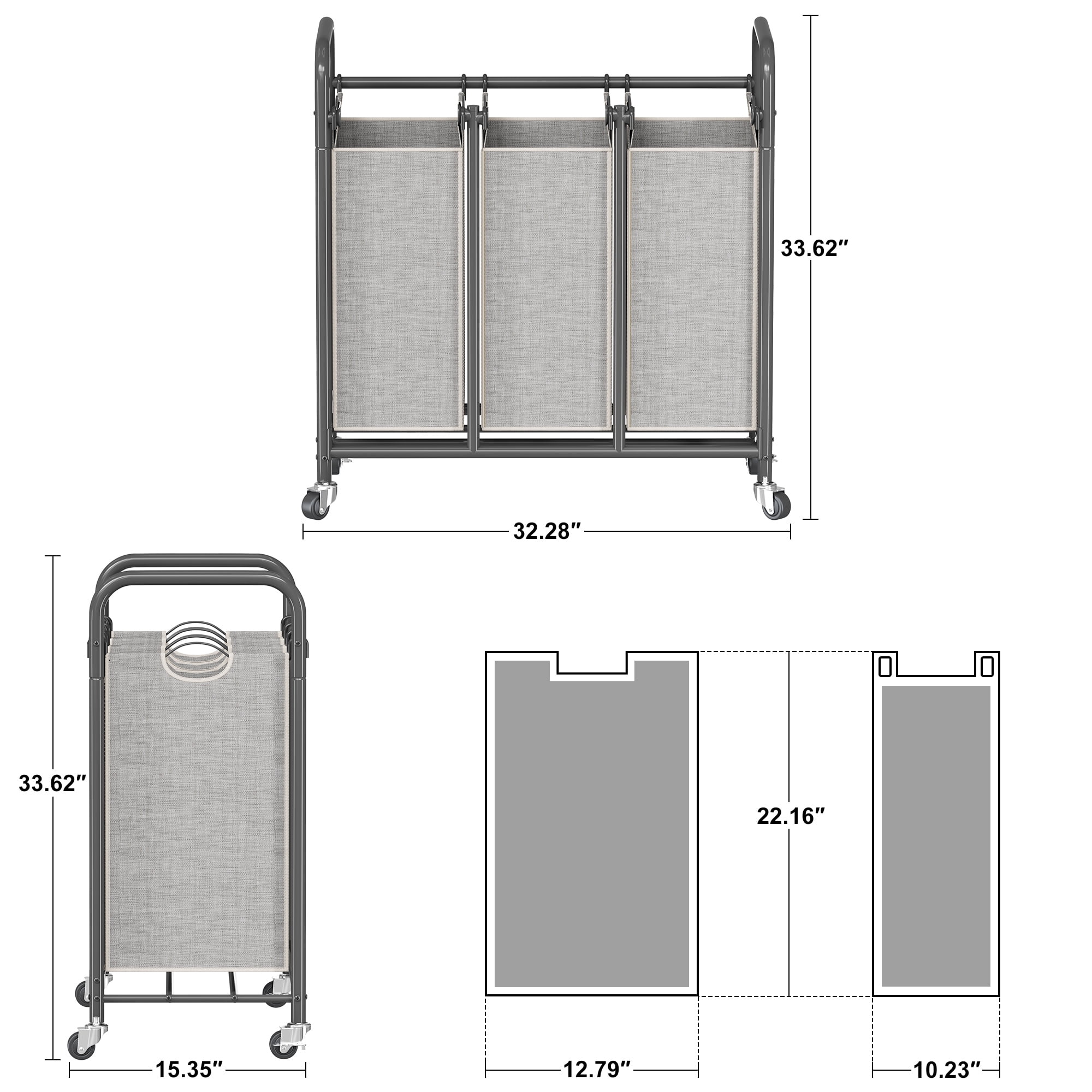 3-Bin Metal Laundry Hamper Cart with Wheels Laundry Sorter Organizer
