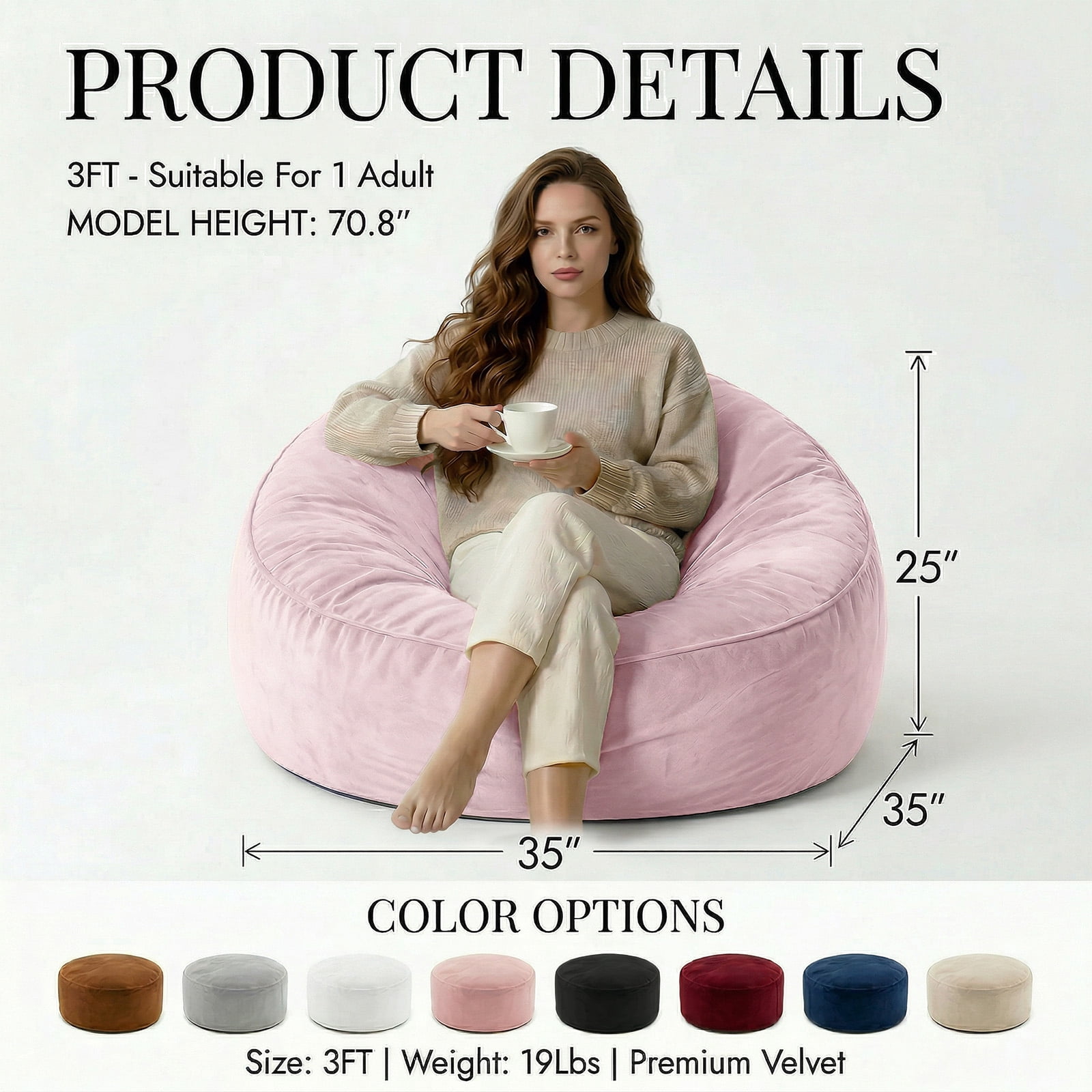 VIREO 3FT Bean Bag Chairs for Adults Memory Foam Filler Beanbag Chair with Removable and Washable Flannel Cover, Lazy Chairs for Living Room - Pink