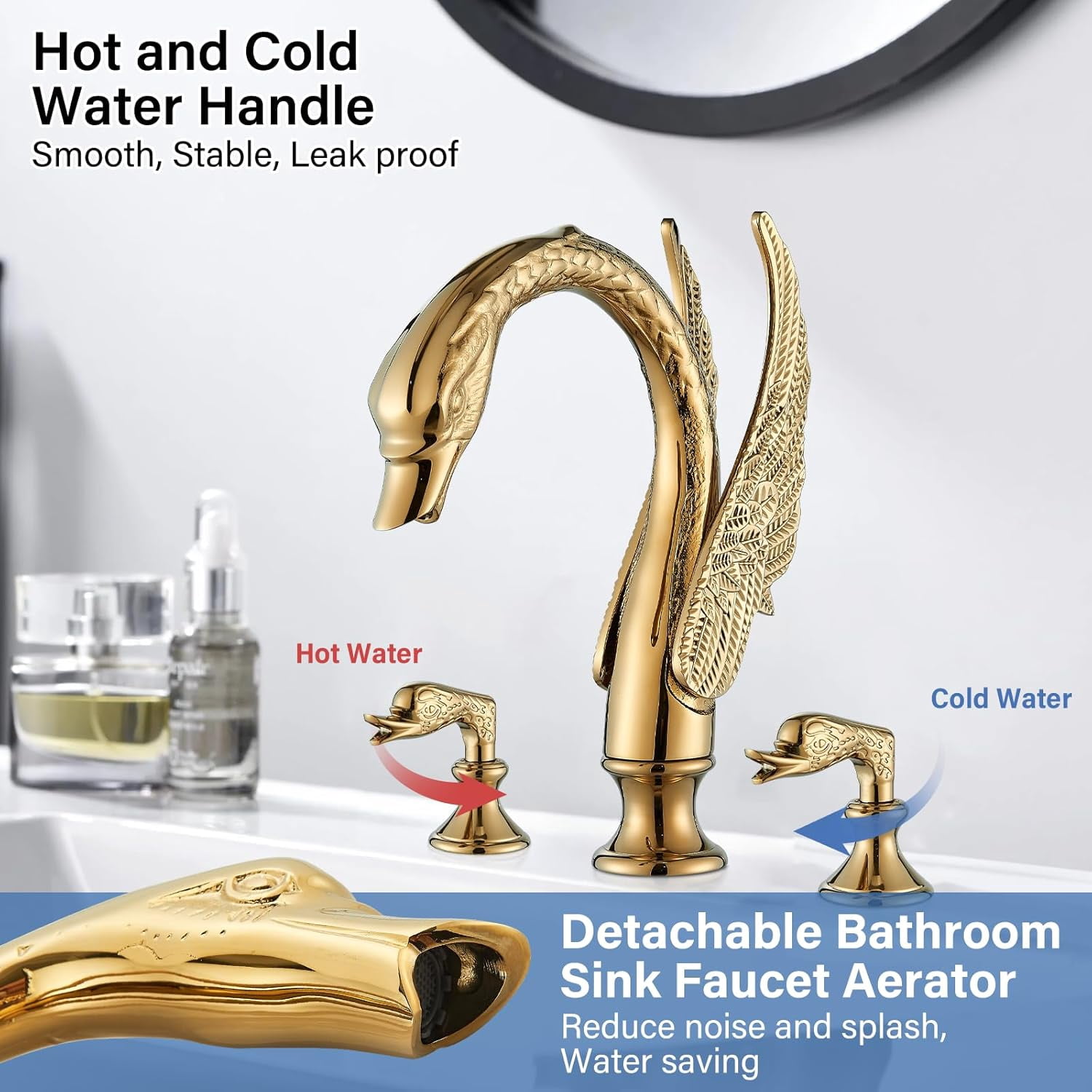 Gold Swan Bathroom Sink Faucet 3 Holes Dual Handle Basin Mixer Taps Deck Mounted