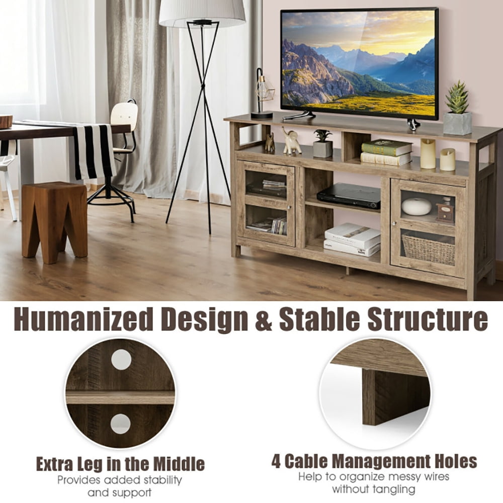 Finihen TV Stand, TV Cabinet, 58 Inch TV Stand Entertainment Console Center with 2 Cabinets, Media Entertainment Center with Storage, for Living Room, Bedroom, Natural