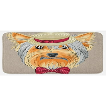Yorkie Kitchen Mat, Hipster Yorkie with Straw Boater and Bow Tie Hand Drawn Gentleman Dog, Plush Decorative Kitchen Mat with Non Slip Backing, 47" X 19", Apricot Multicolor, by Ambesonne