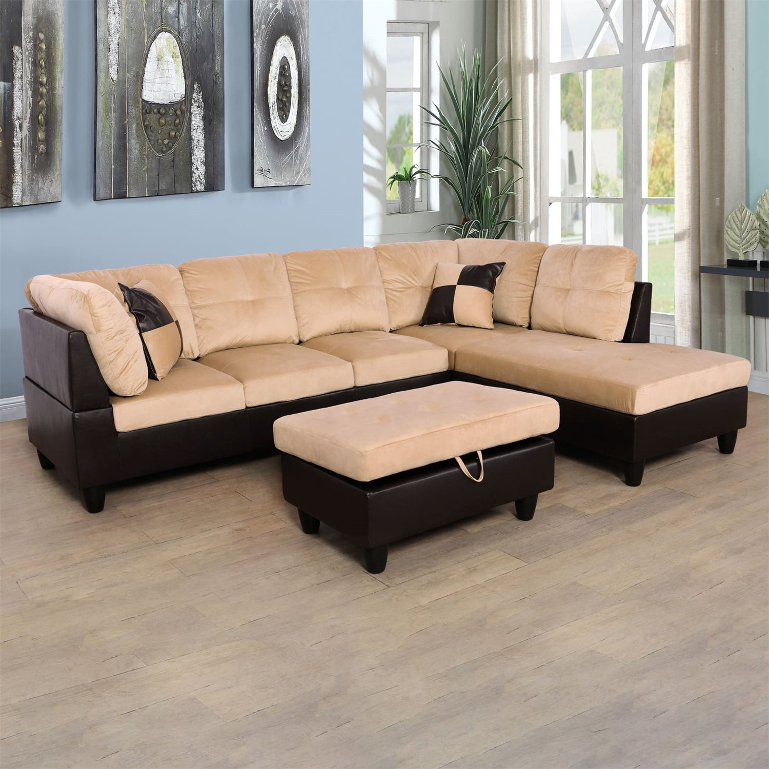 Hommoo Lint &PVC Sectional Sofa Couch 4-Seat Living Room Furniture Sets, Modern L Shaped Sectional Sofa Set, Beige and Brown(No Ottoman)