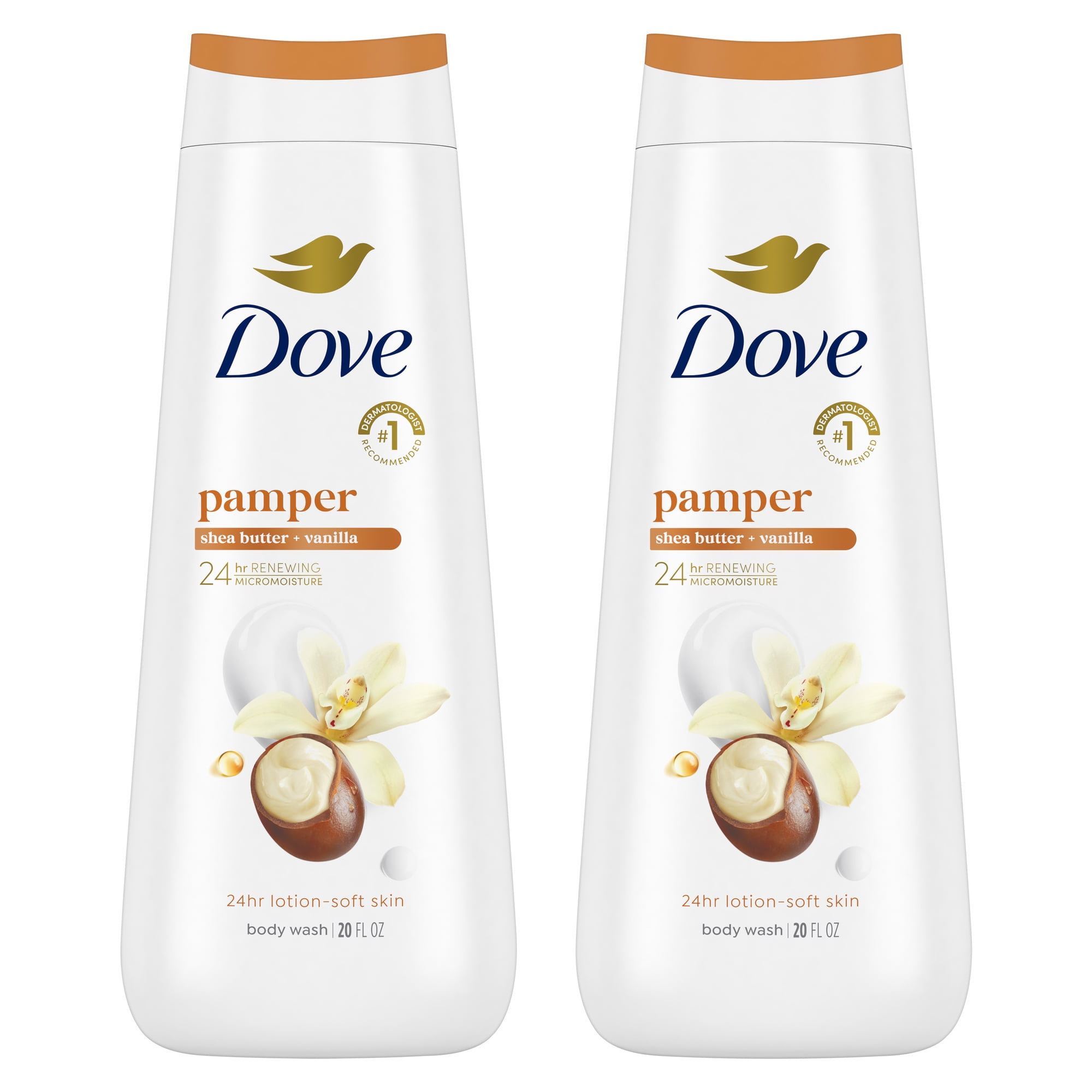 Dove Body Wash for 24hr Lotion-Soft Skin Pamper Shea Butter & Vanilla Moisturizing Skin Cleanser with No Sulfates No Parabens, 20 fl oz 2 pack
