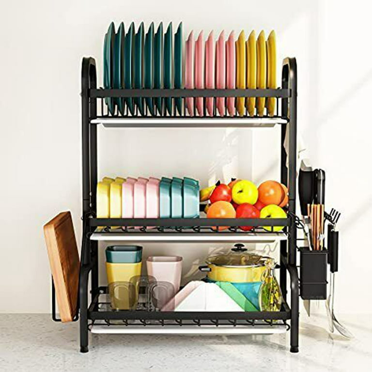 LIMORUNS Dishracks On Counter with Drainboard 2 Tier Set of Dish Drying Rack  with Drainboard Utensils & Cutting Board Holder, Rustproof Large Black Dish  Holders for Kitchen Counter Father's Gift (R) 