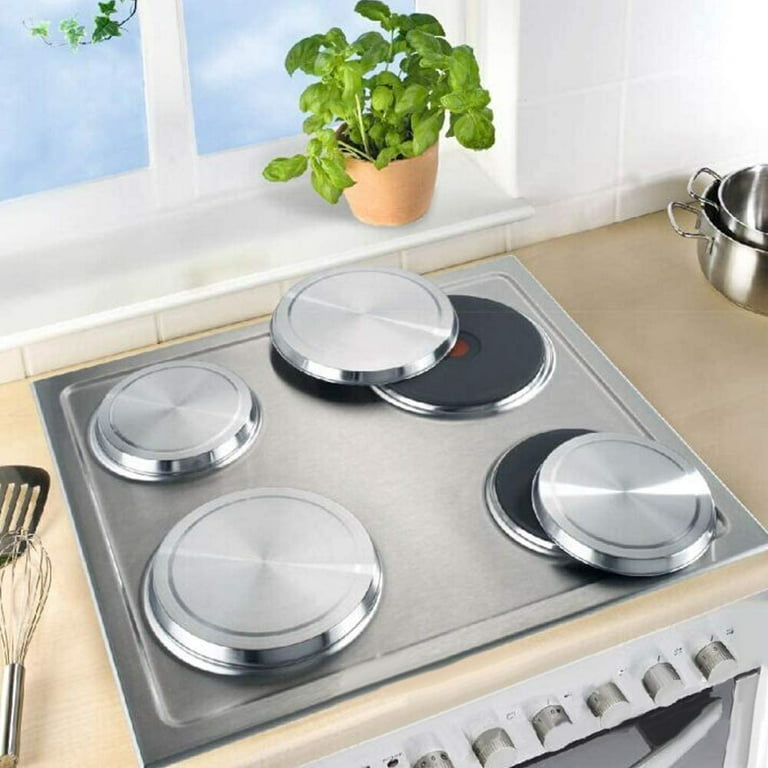 4pcs Electric Stove Cover Round Stainless Steel Kitchen Stove Top Burner Cover Cooker Protection Burner Covers 2pcs 8.3 and 2pcs 6.7 inch, Silver