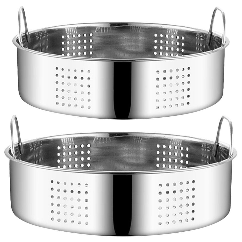 2Pcs Stainless Steel Steaming Basket Food Steaming Tray Double Handle Food Steamer Rice Steamer