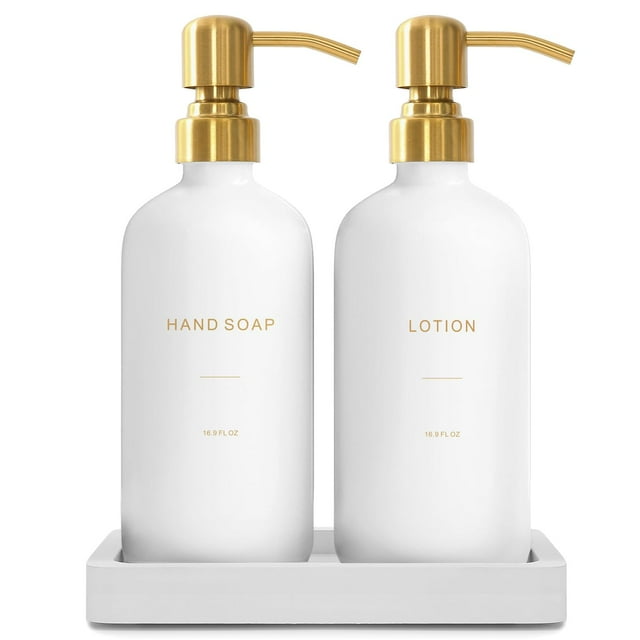 Dispensador de jabón Prus Waso dorado, juego de baño, dispensador de jabón de manos de vidrio y dispensador de loción con bomba de acero inoxidable dorada, perfecto para una decoración de baño moderna