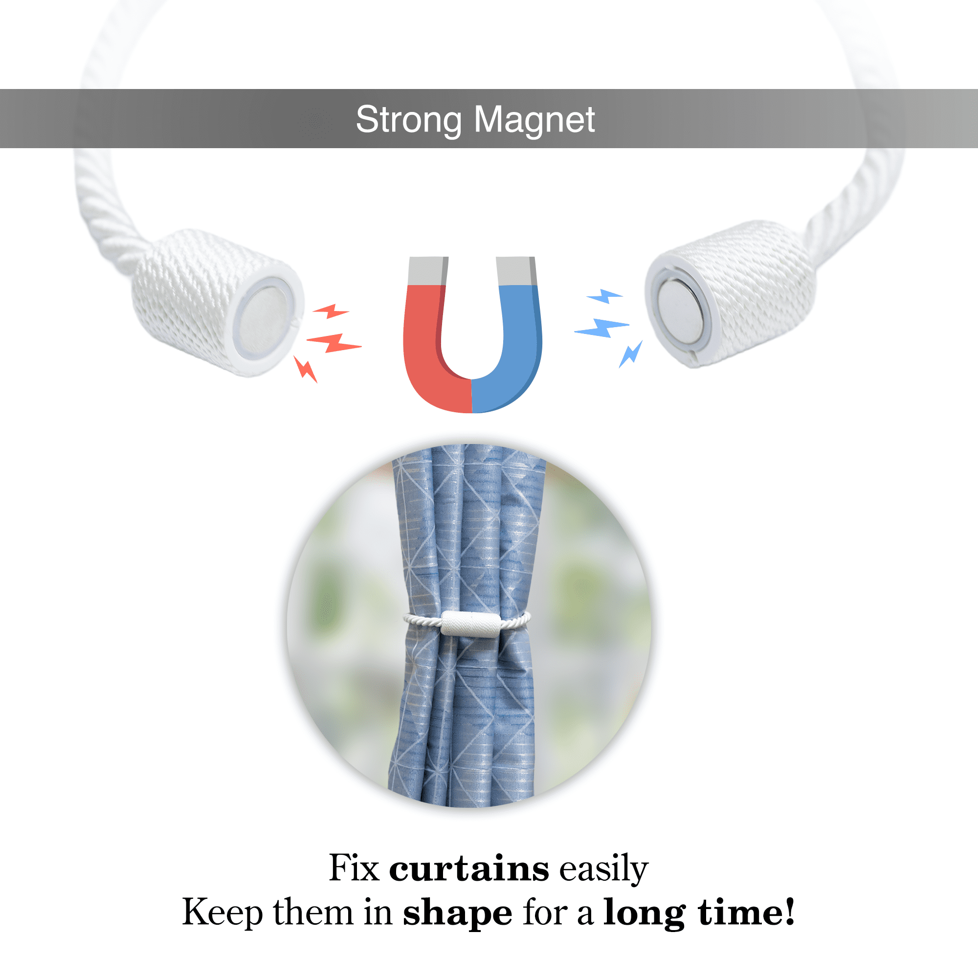 Mainstays 2-Pack Magnetic Tiebacks for Curtains, 18 Inch - White
