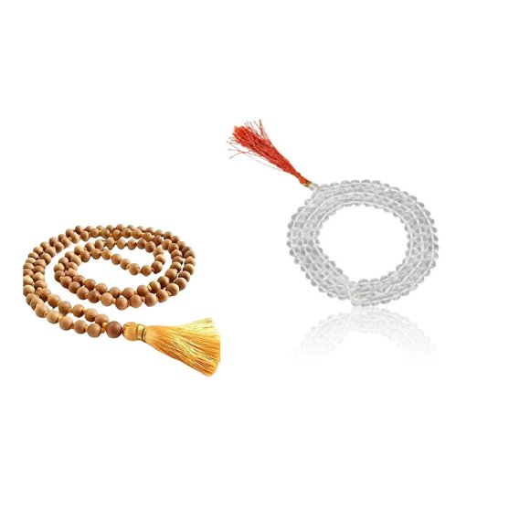 Kamada Combinaison de chandan mala Jaune et Sphatik Exquis (Cristal Clair) mala, Pendentif Collier Sprituel pour Femmes et Hommes