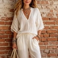 thumbnail image 5 of ZToonmas Women's V-Neck Tunic Dress 3/4 Sleeve Notched Collar Casual Loose Fit Mini Dress, 5 of 9