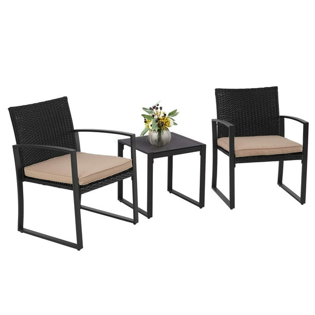 Suncrown Outdoor Furniture 3 Piece Patio Bistro Set Black Wicker Chairs And Glass Top Coffee Table Brown Cushion Com - Brown Patio Furniture With Black Cushions