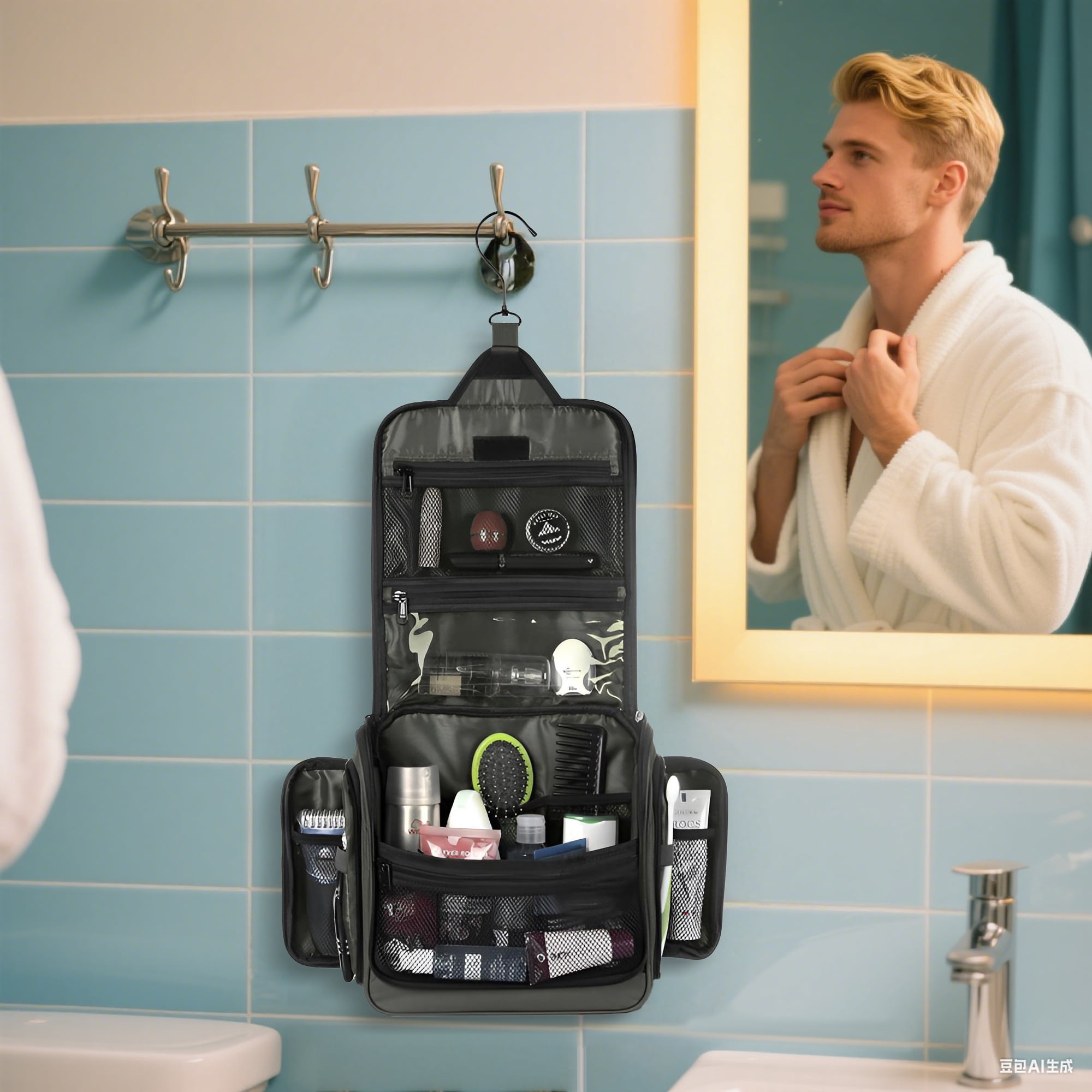 INSMART Travel Toiletry Bag for Men and Women, Waterproof Large Capacity Makeup Bag, Hanging Foldable Makeup Organizer, Full-Size Containers