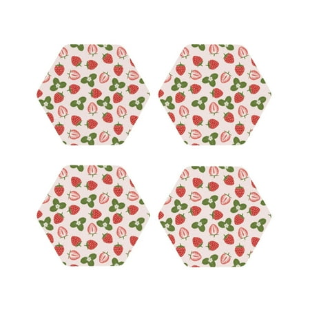

Fuzoiu Strawberries And Leaf Print Leather Coasters Set Drink Coasters Set of 4 for Tabletop Protection Durable PVC Coasters Home Décor and Housewarming Gift-Hexagon