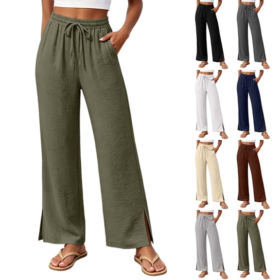 Wide Leg Pants for Women Ihhxva High Waisted Elastic Waist Cooling Solid Color Adjustable with Pockets Summer Lounge Work Casual Trousers S-3XL