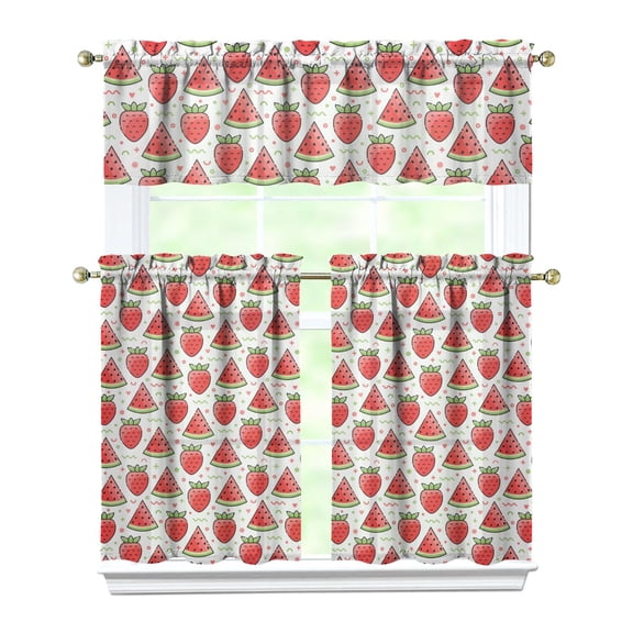 Kitchen Curtains 36 Inch Short - 3 Panel Set Watermelon Print, Rod Pocket Window Curtains 100% Polyester, Tropical Fruit Valance for Farmhouse, Cafe, Living Room, Bedroom, Easy Wash