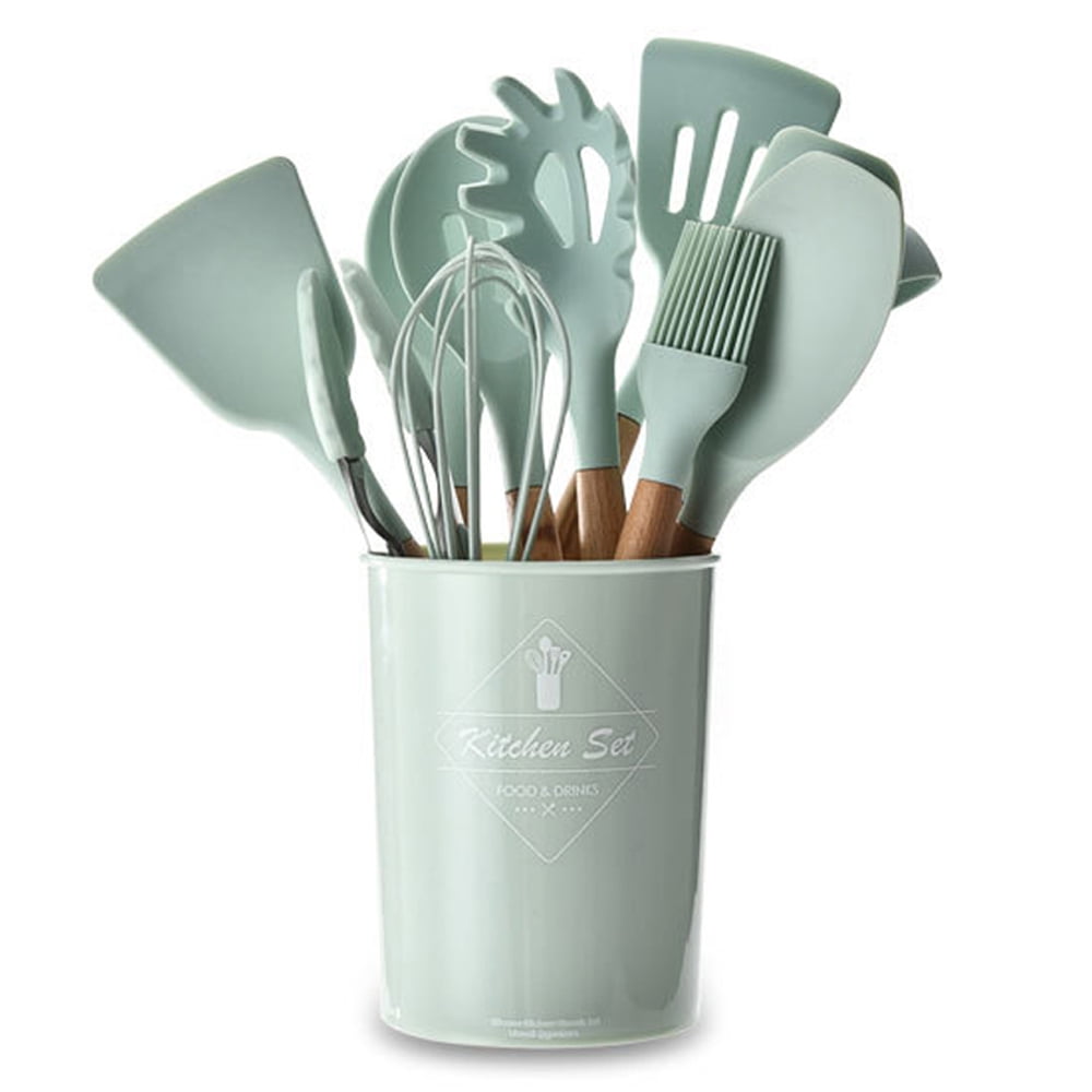 11Piece Silicone Kitchen Cooking Utensils Set with Holder, Wooden