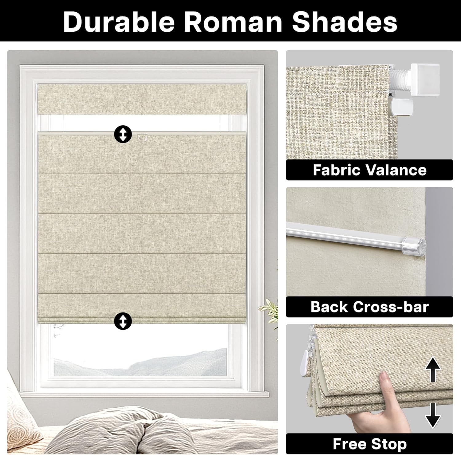 LazBlinds No Tools No Drill TDBU Cordless Roman Shades for Window, Thermal Insulated UV Blocking, 100% Blackout Fabric Blinds for Bedroom & Living Room, 31"W x 64"H, Blackout - Beige