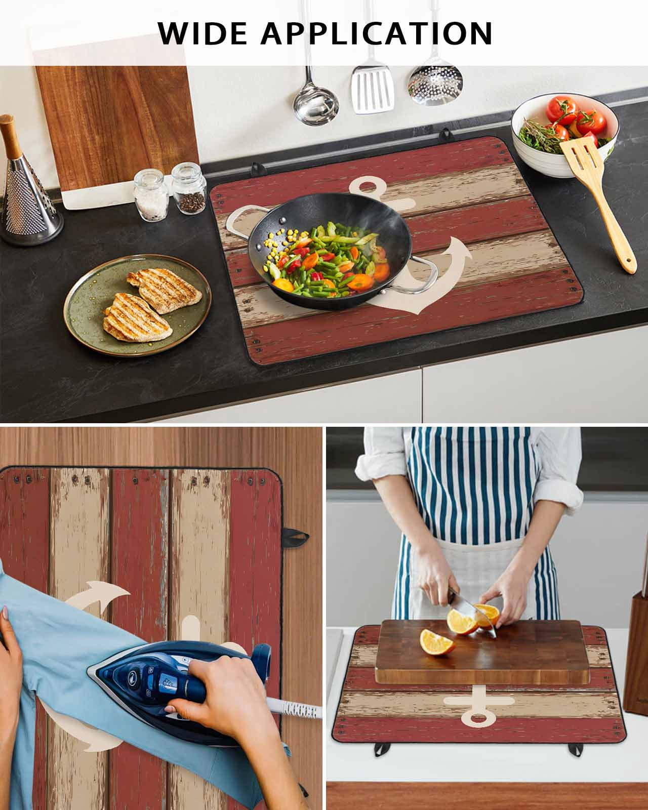 Large Induction Cooktop Protector Mat Nautical Anchor Stove Top Covers for Electric Stove, Red Beige Rretro Wooden Board Textures Decorative Stove Burner Cover Mats, Glass Top Stove Cover