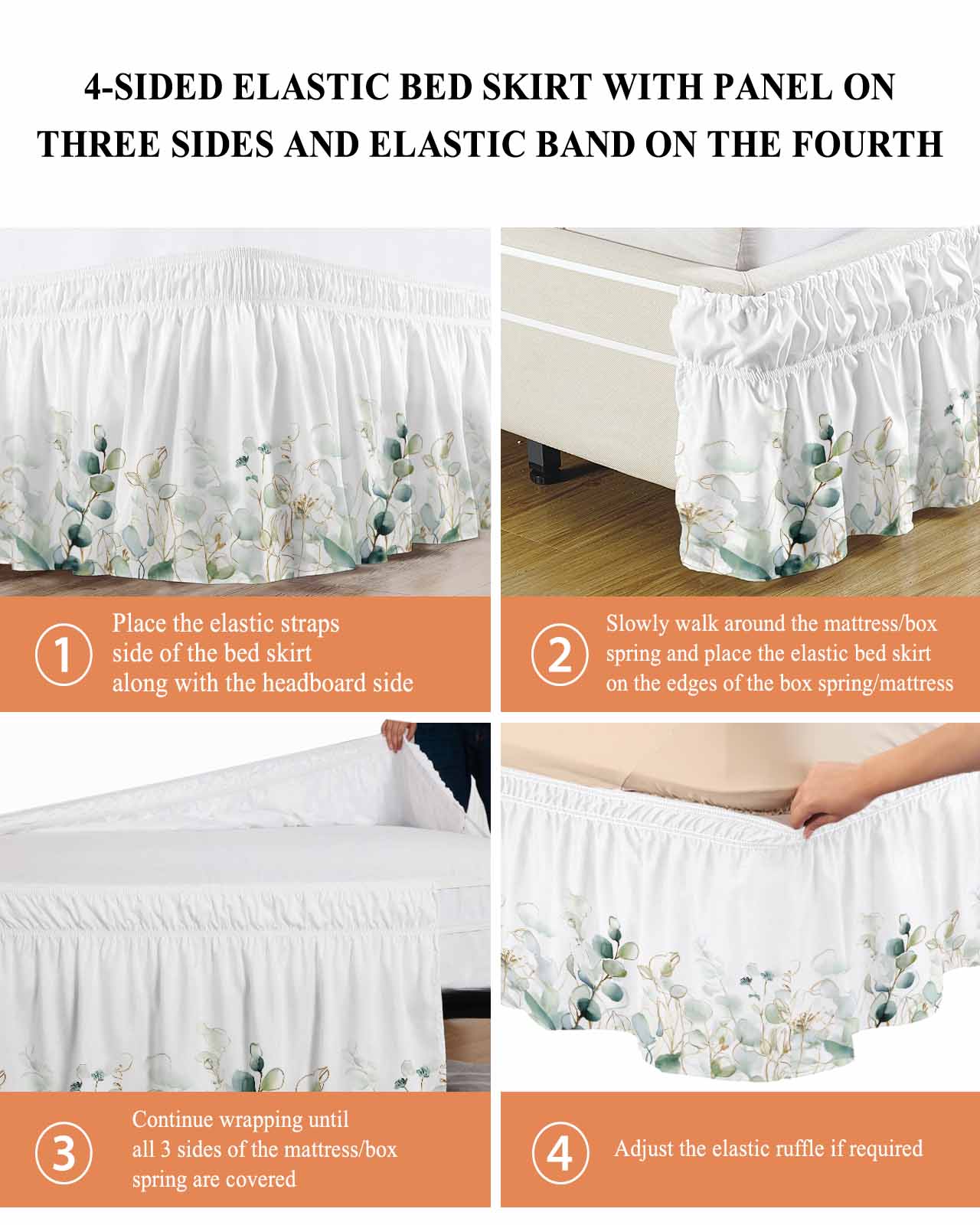Watercolor Green Leaf Bed Skirt Queen Size 18 Inch Drop, Eucalyptus Leaves Abstract Art Adjustable Elastic Dust Ruffles Bedskirt for Queen Bed Wrap Around Pleated Mattress Frame Cover