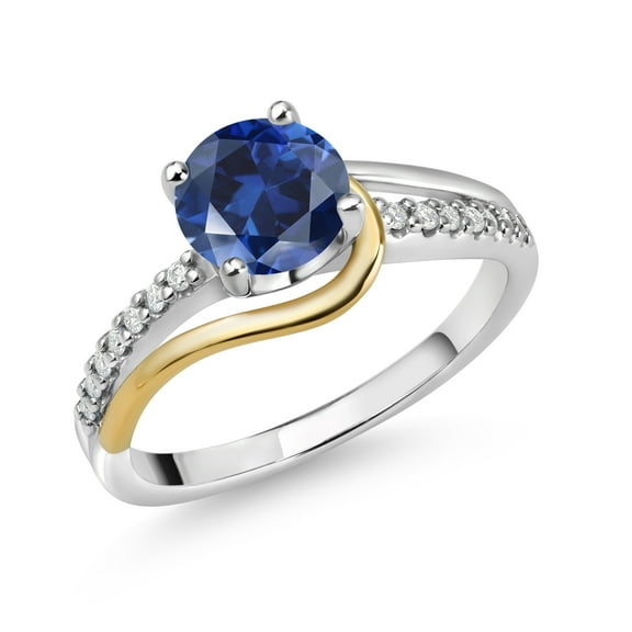 Gem Stone King 925 Sterling Silver and 10K Yellow Gold Round Blue Created Sapphire and White Moissanite Engagement Ring for Women (1.71 Cttw, Round 7MM, Size 8)