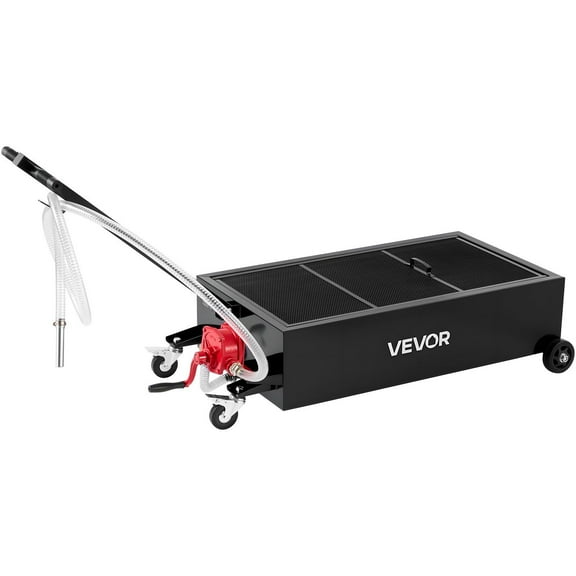 Dranite Low-Profile Rolling Oil Drain Pan with Manual Pump, 25-Gallon Capacity, 7.2-ft Hose & Foldable Handle, Leakproof & Corrosion-Resistant for Cars, Trucks, ATVs, Black