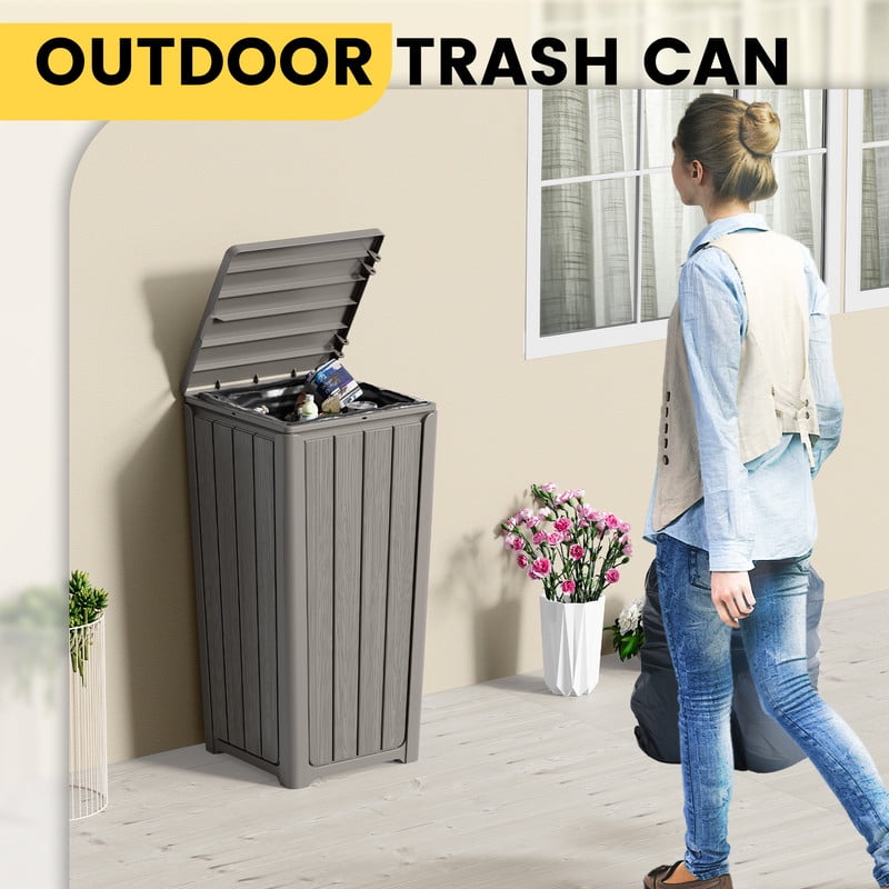 Bifanuo Outdoor Trash Can with Lid, Waterproof Resin Garbage Can with Tiered Lid, Outside Trash Bin for Patio, Kitchen, Backyard or Deck