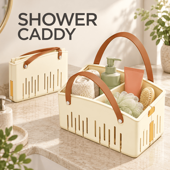 OZERA Cream Portable Foldable Shower Caddy with Handle & Adjustable Divider, Plastic Quick‑Dry Shower Storage Organizer Bin for College Dorm & Travel