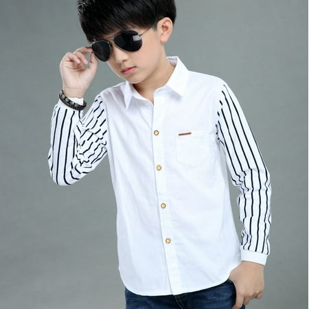 

kpoplk Tops For Toddler Stripe Shirt Teen Fastener Kids Boys Gentleman Baby Sleeve Clothes Tops Long Boys Tops Toddler Tshirt(White)