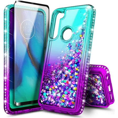 Nagebee Case for Motorola Moto G Fast with Tempered Glass Screen Protector (Full Coverage), Glitter Flowing Liquid Floating Sparkling Bling Diamond, Durable Girls Cute Case (Aqua/Purple)