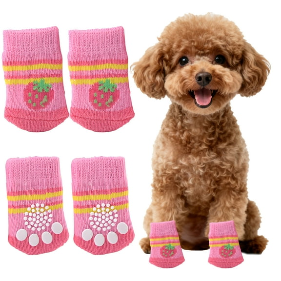 TELOLY 4Pcs Dog Socks,Strawberry Pattern Paw Socks,Paw Fit Dog Socks to Prevent Licking Paws,Pink1